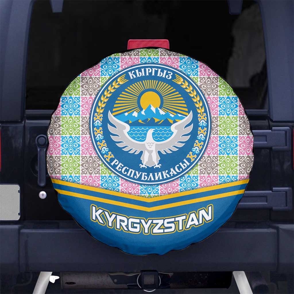 Kyrgyzstan Colorful Patchwork Pattern Spare Tire Cover with National Crest and Flag Accents
