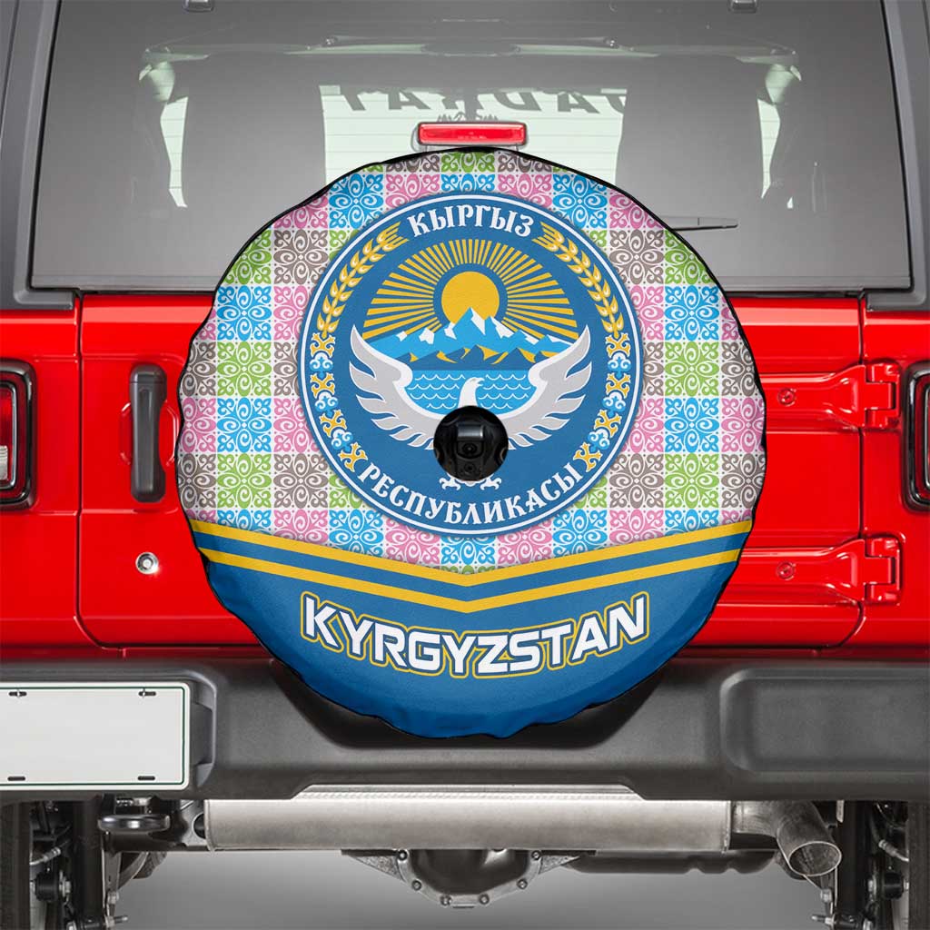Kyrgyzstan Colorful Patchwork Pattern Spare Tire Cover with National Crest and Flag Accents