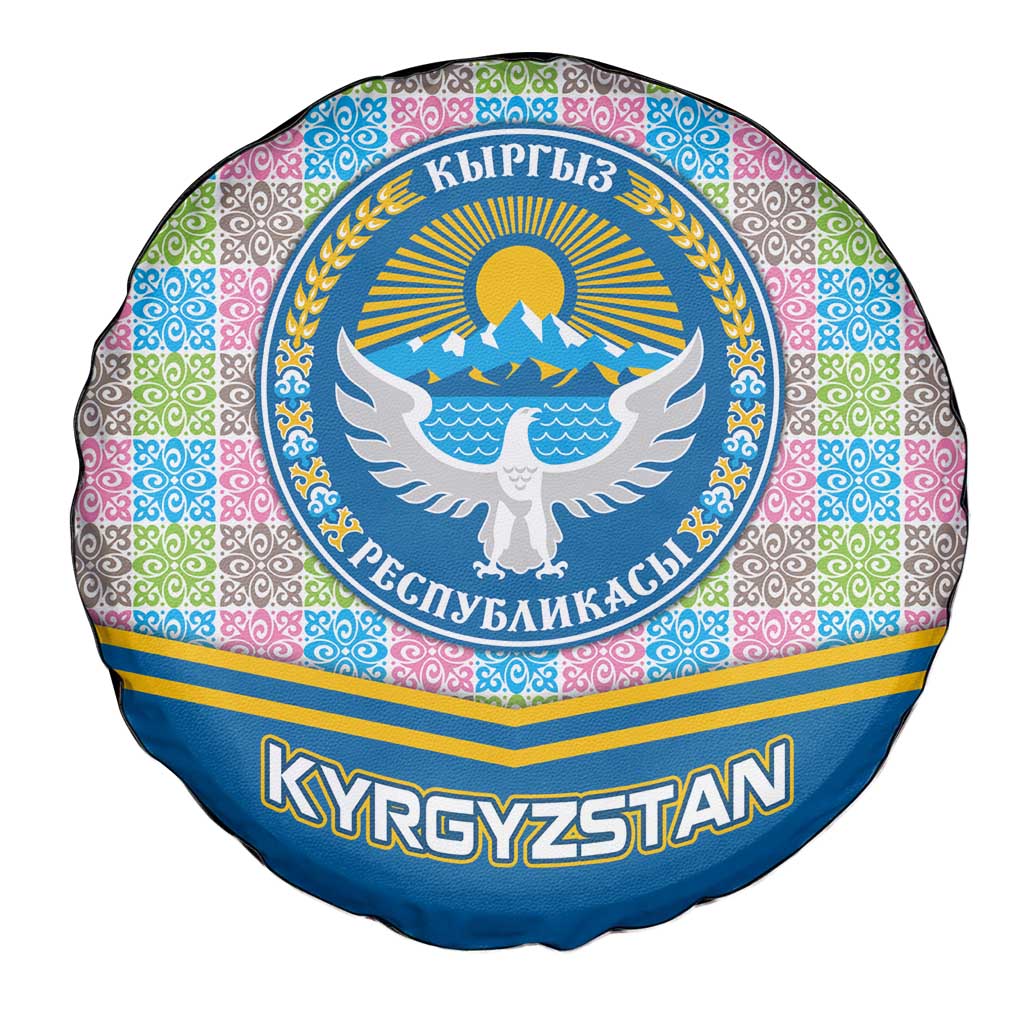 Kyrgyzstan Colorful Patchwork Pattern Spare Tire Cover with National Crest and Flag Accents