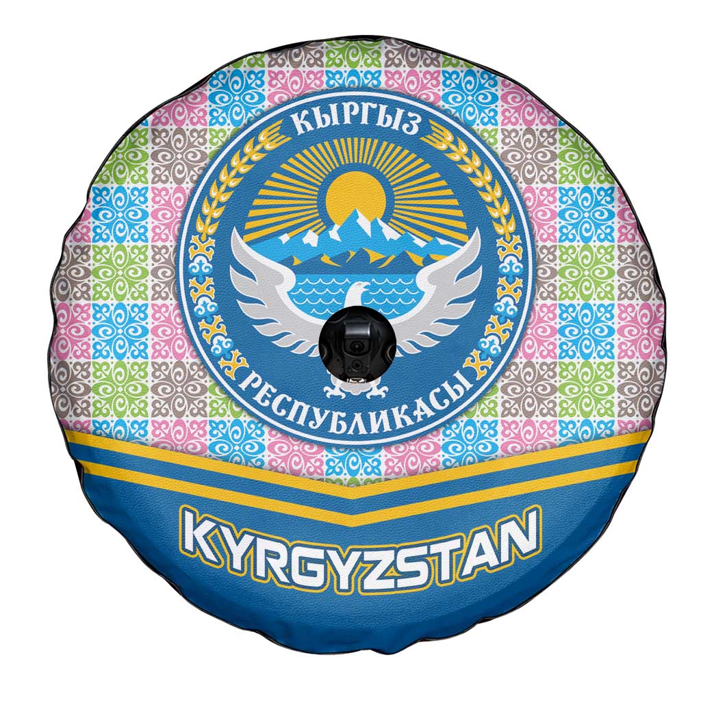 Kyrgyzstan Colorful Patchwork Pattern Spare Tire Cover with National Crest and Flag Accents