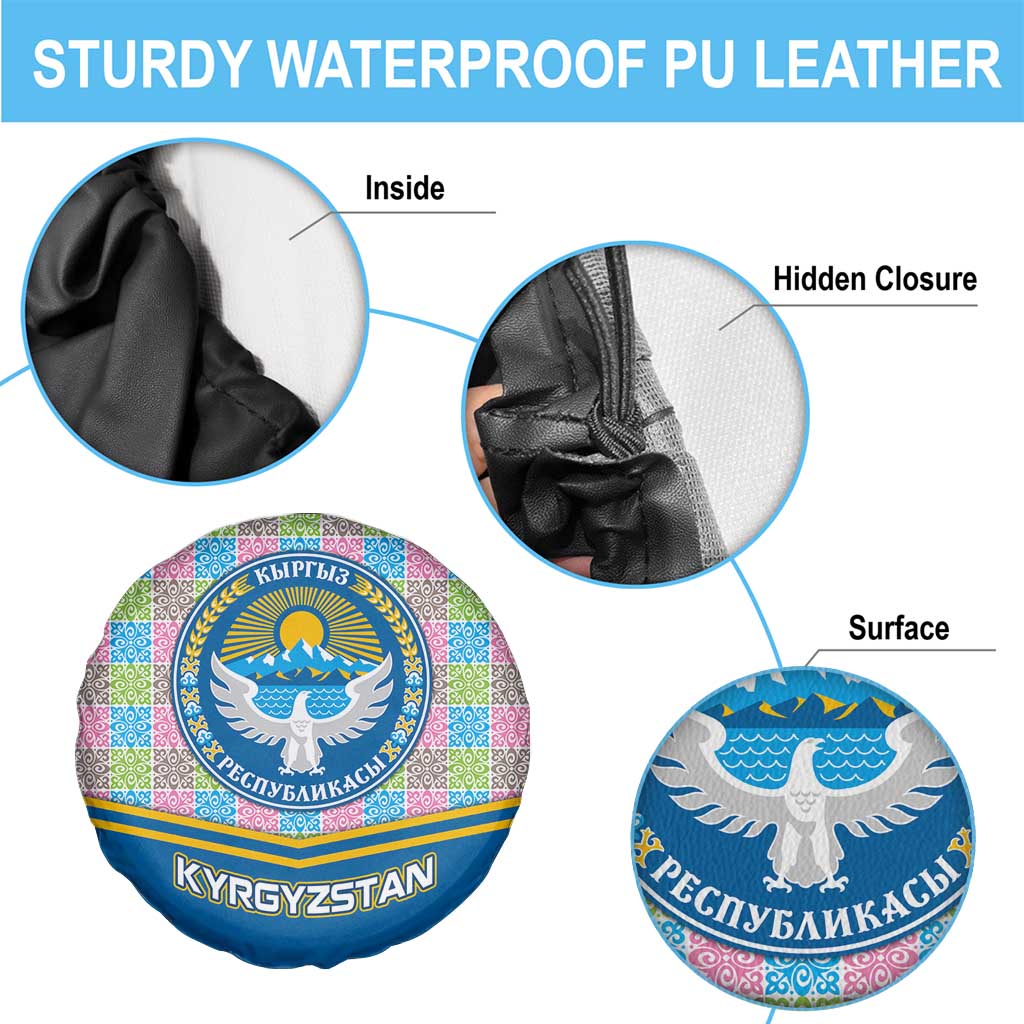 Kyrgyzstan Colorful Patchwork Pattern Spare Tire Cover with National Crest and Flag Accents