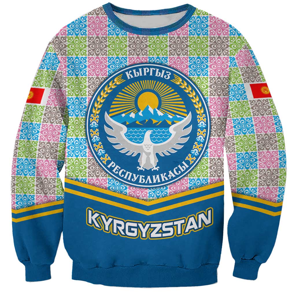 Kyrgyzstan Colorful Patchwork Pattern Sweatshirt with National Crest and Flag Accents