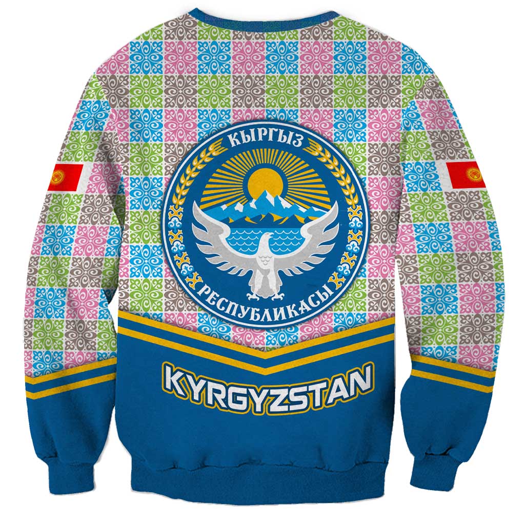 Kyrgyzstan Colorful Patchwork Pattern Sweatshirt with National Crest and Flag Accents