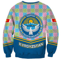 Kyrgyzstan Colorful Patchwork Pattern Sweatshirt with National Crest and Flag Accents
