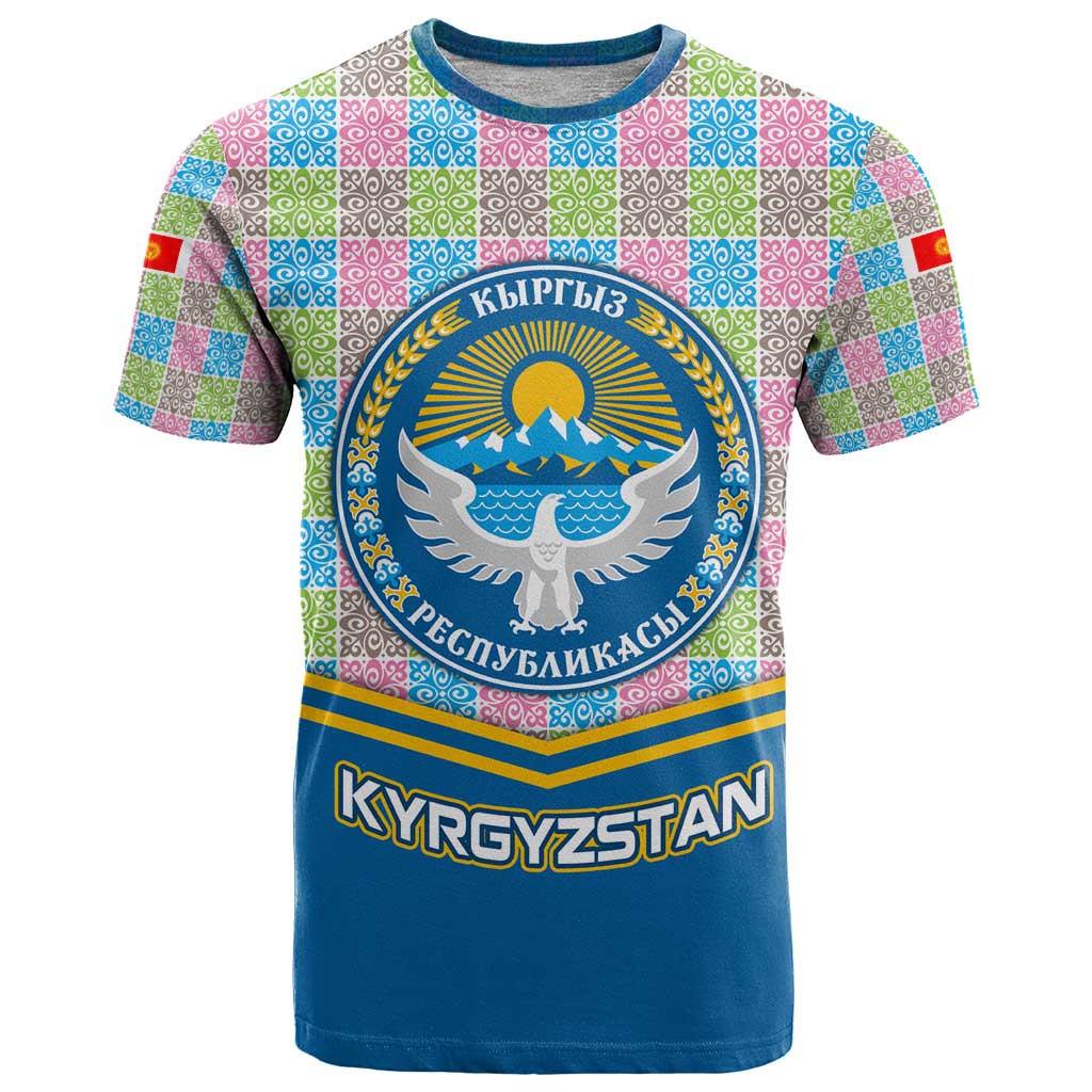 Kyrgyzstan Colorful Patchwork Pattern T Shirt with National Crest and Flag Accents