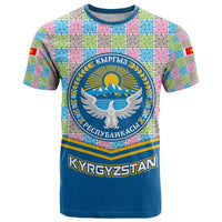 Kyrgyzstan Colorful Patchwork Pattern T Shirt with National Crest and Flag Accents
