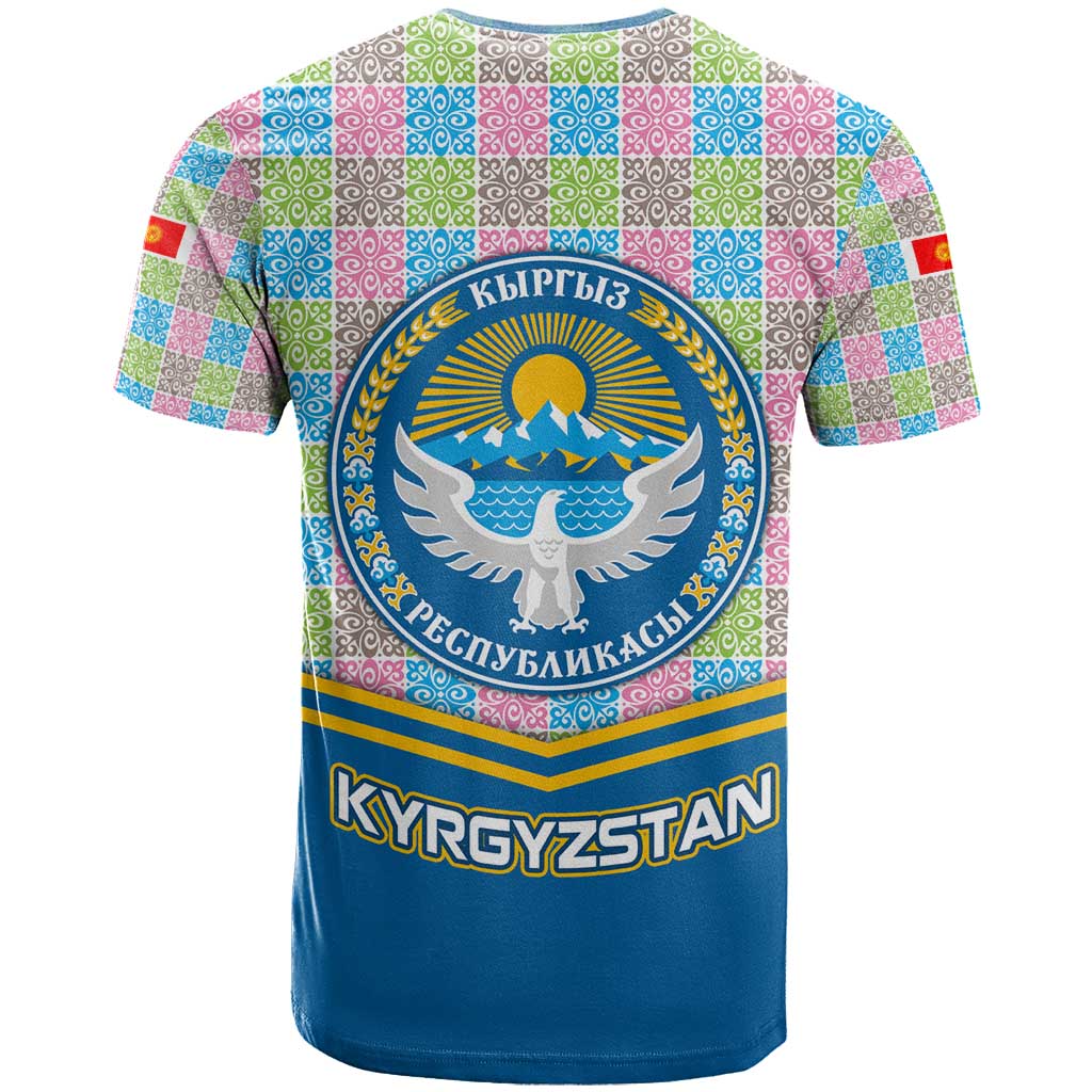 Kyrgyzstan Colorful Patchwork Pattern T Shirt with National Crest and Flag Accents