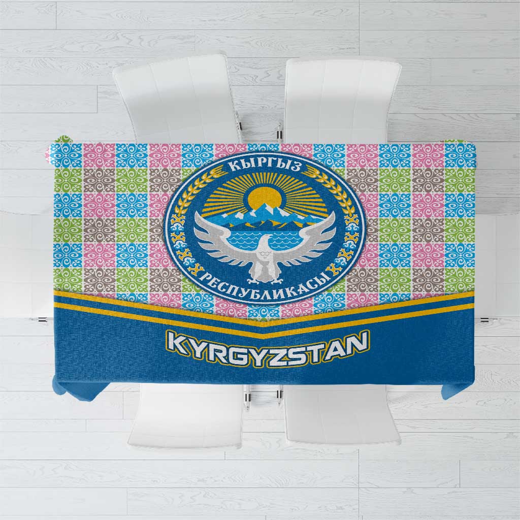 Kyrgyzstan Colorful Patchwork Pattern Tablecloth with National Crest and Flag Accents