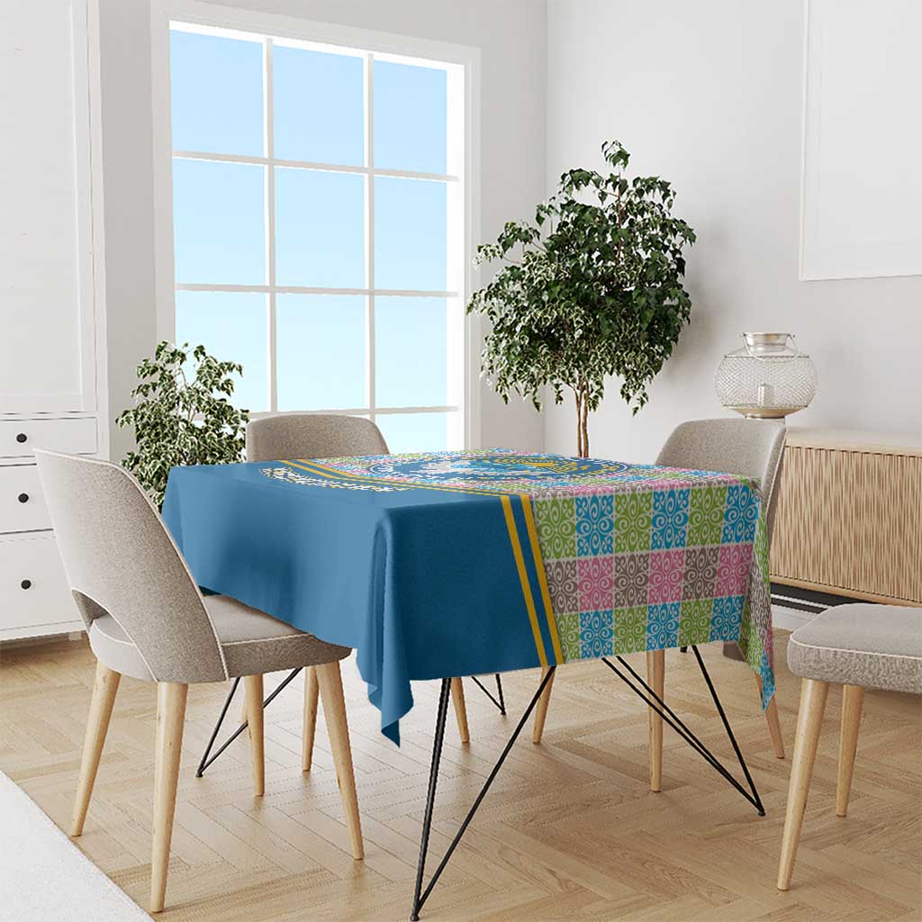 Kyrgyzstan Colorful Patchwork Pattern Tablecloth with National Crest and Flag Accents