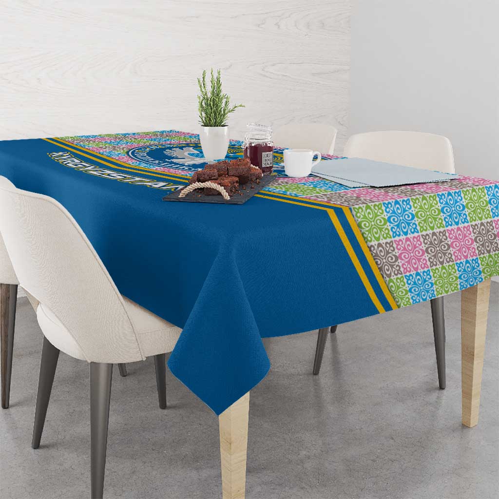 Kyrgyzstan Colorful Patchwork Pattern Tablecloth with National Crest and Flag Accents
