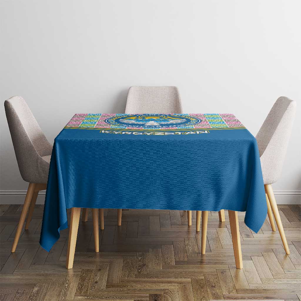 Kyrgyzstan Colorful Patchwork Pattern Tablecloth with National Crest and Flag Accents