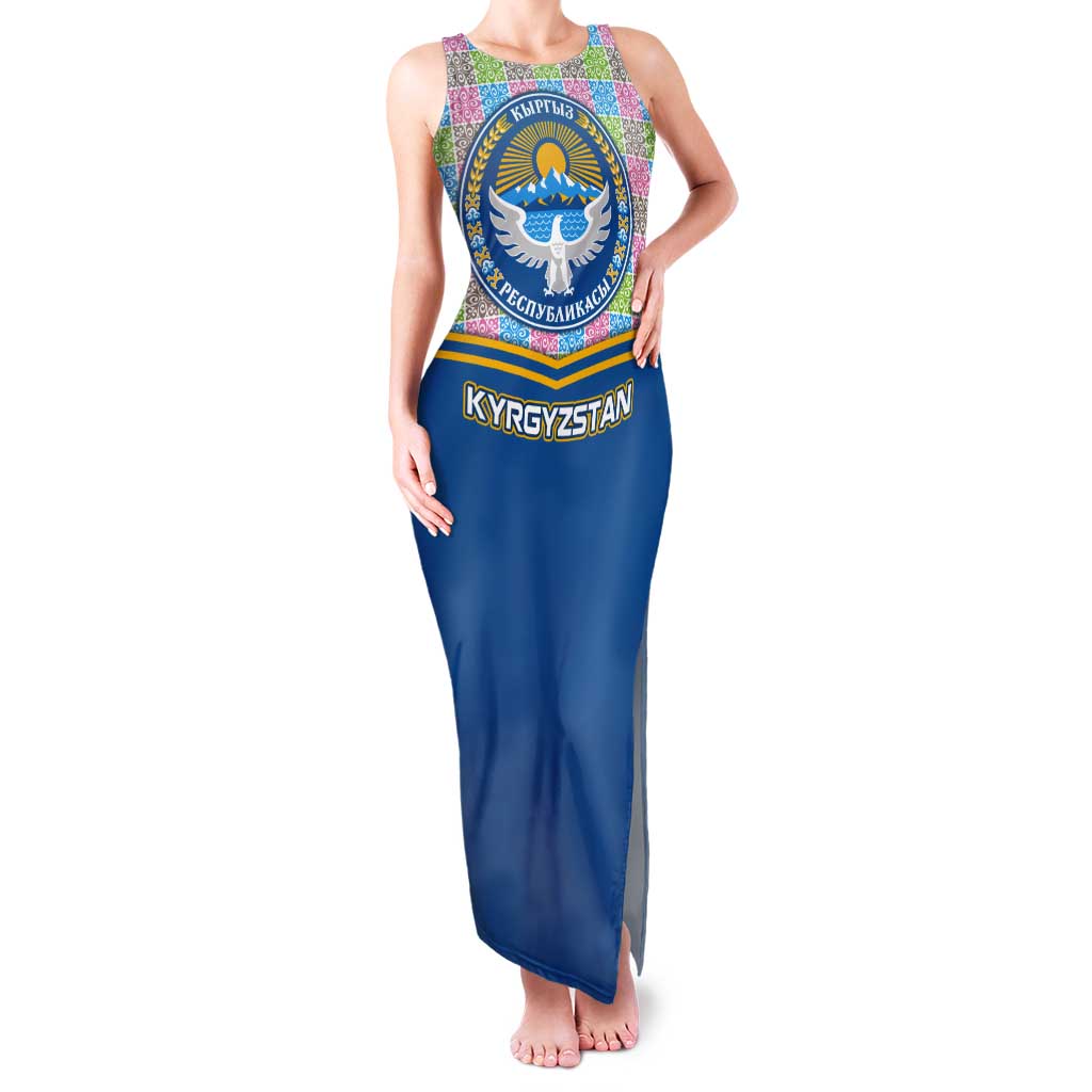 Kyrgyzstan Colorful Patchwork Pattern Tank Maxi Dress with National Crest and Flag Accents
