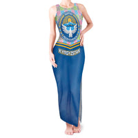 Kyrgyzstan Colorful Patchwork Pattern Tank Maxi Dress with National Crest and Flag Accents