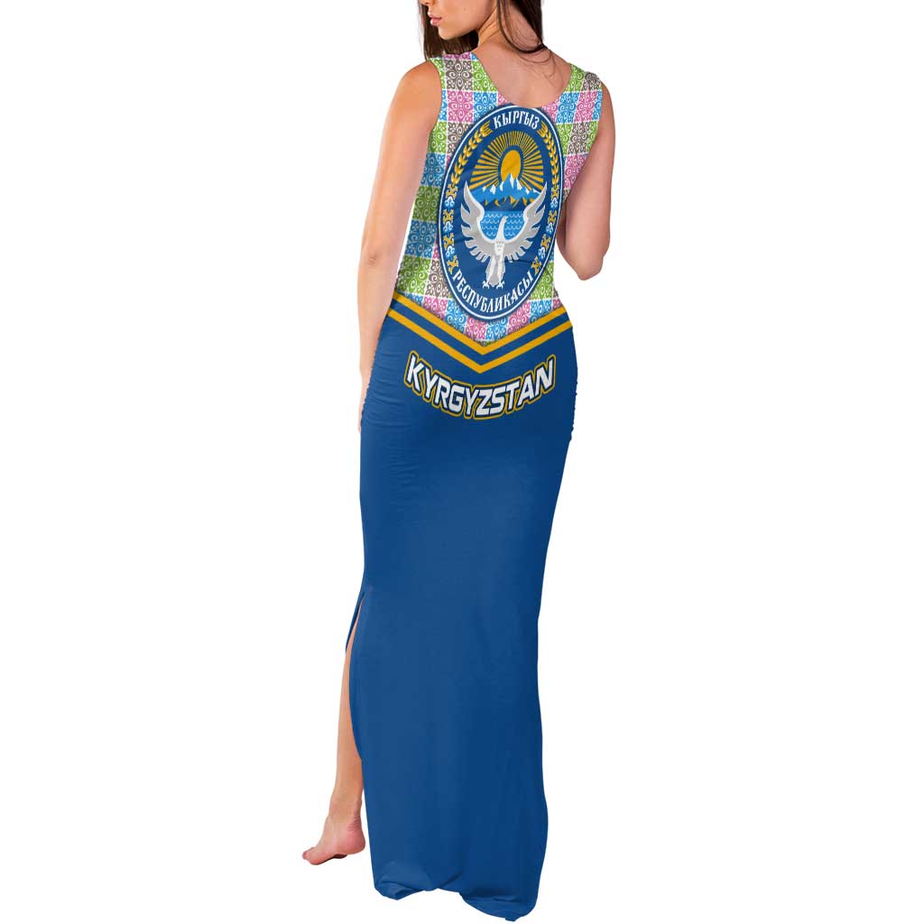 Kyrgyzstan Colorful Patchwork Pattern Tank Maxi Dress with National Crest and Flag Accents