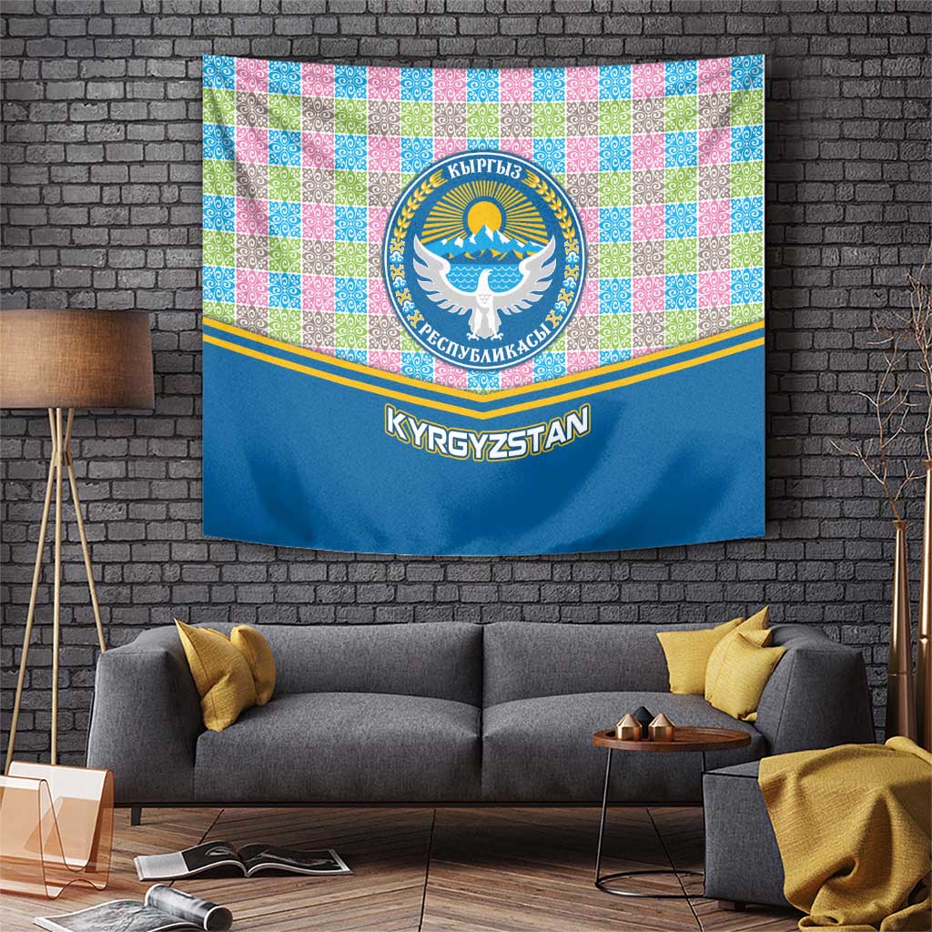 Kyrgyzstan Colorful Patchwork Pattern Tapestry with National Crest and Flag Accents