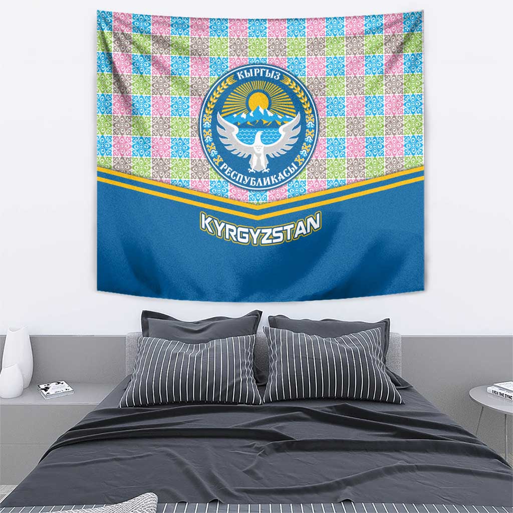 Kyrgyzstan Colorful Patchwork Pattern Tapestry with National Crest and Flag Accents