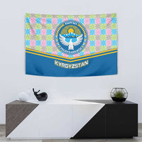 Kyrgyzstan Colorful Patchwork Pattern Tapestry with National Crest and Flag Accents