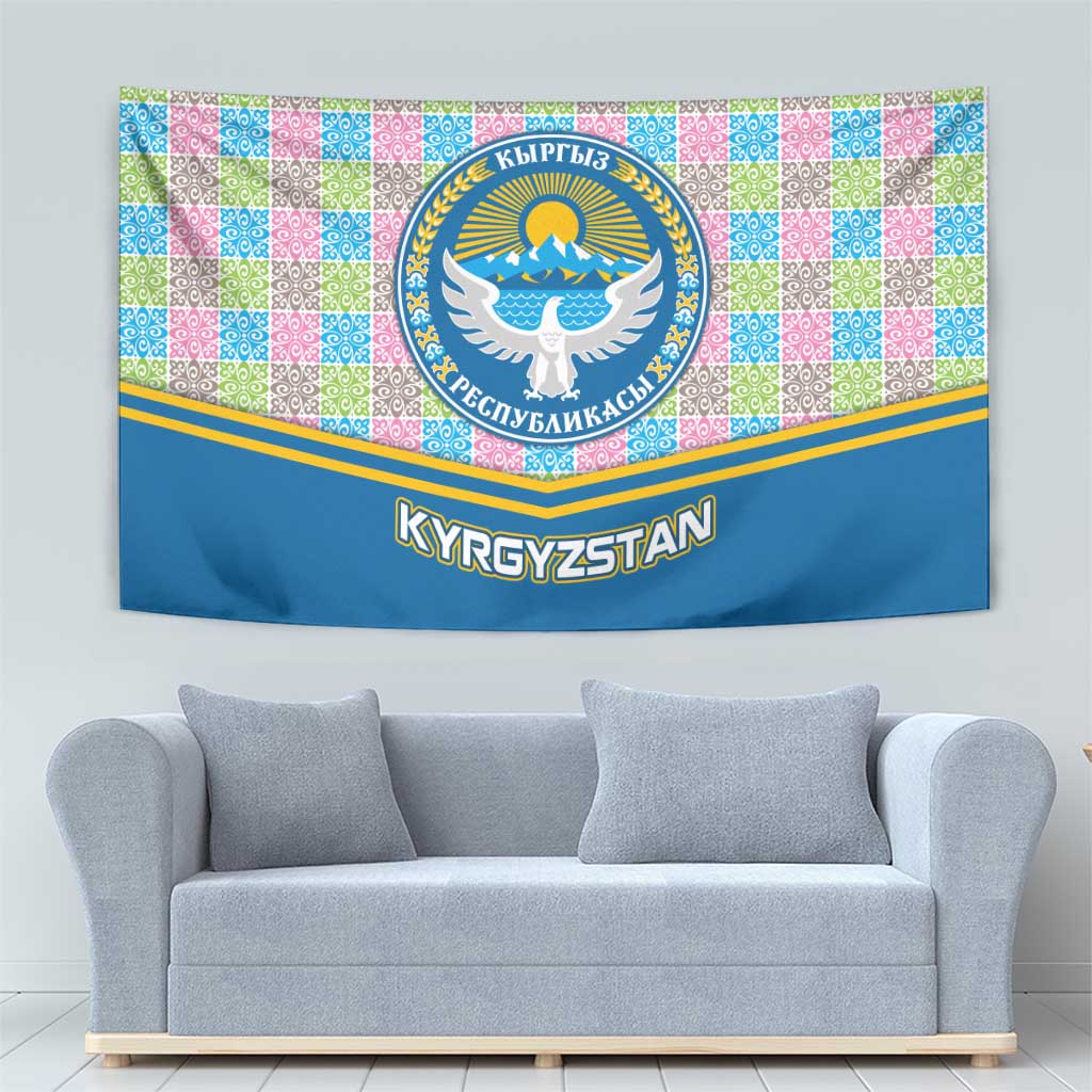 Kyrgyzstan Colorful Patchwork Pattern Tapestry with National Crest and Flag Accents