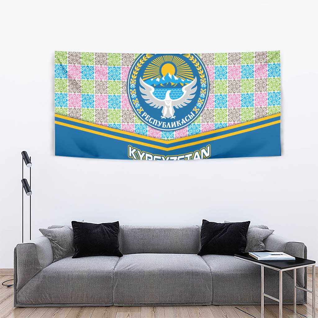 Kyrgyzstan Colorful Patchwork Pattern Tapestry with National Crest and Flag Accents