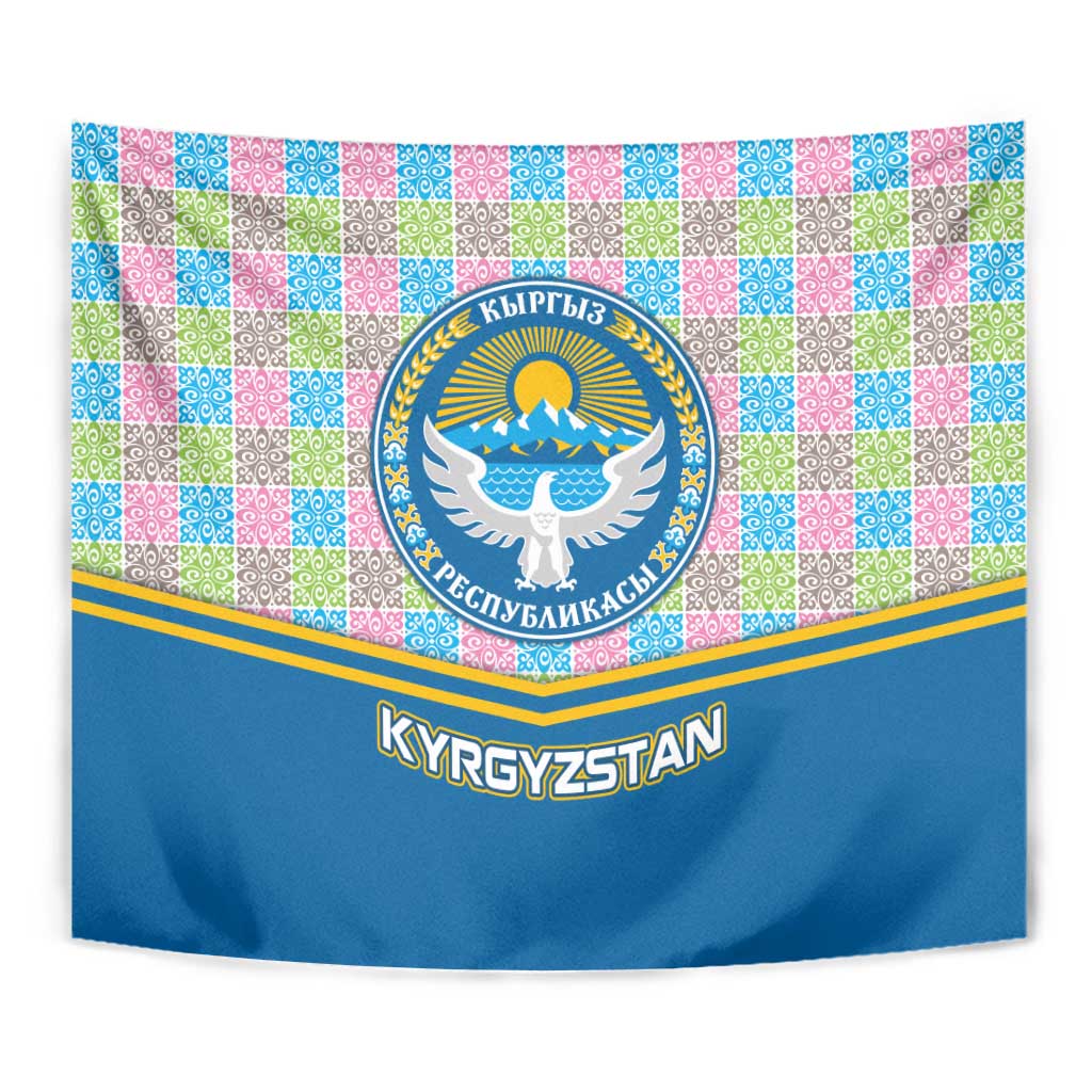 Kyrgyzstan Colorful Patchwork Pattern Tapestry with National Crest and Flag Accents