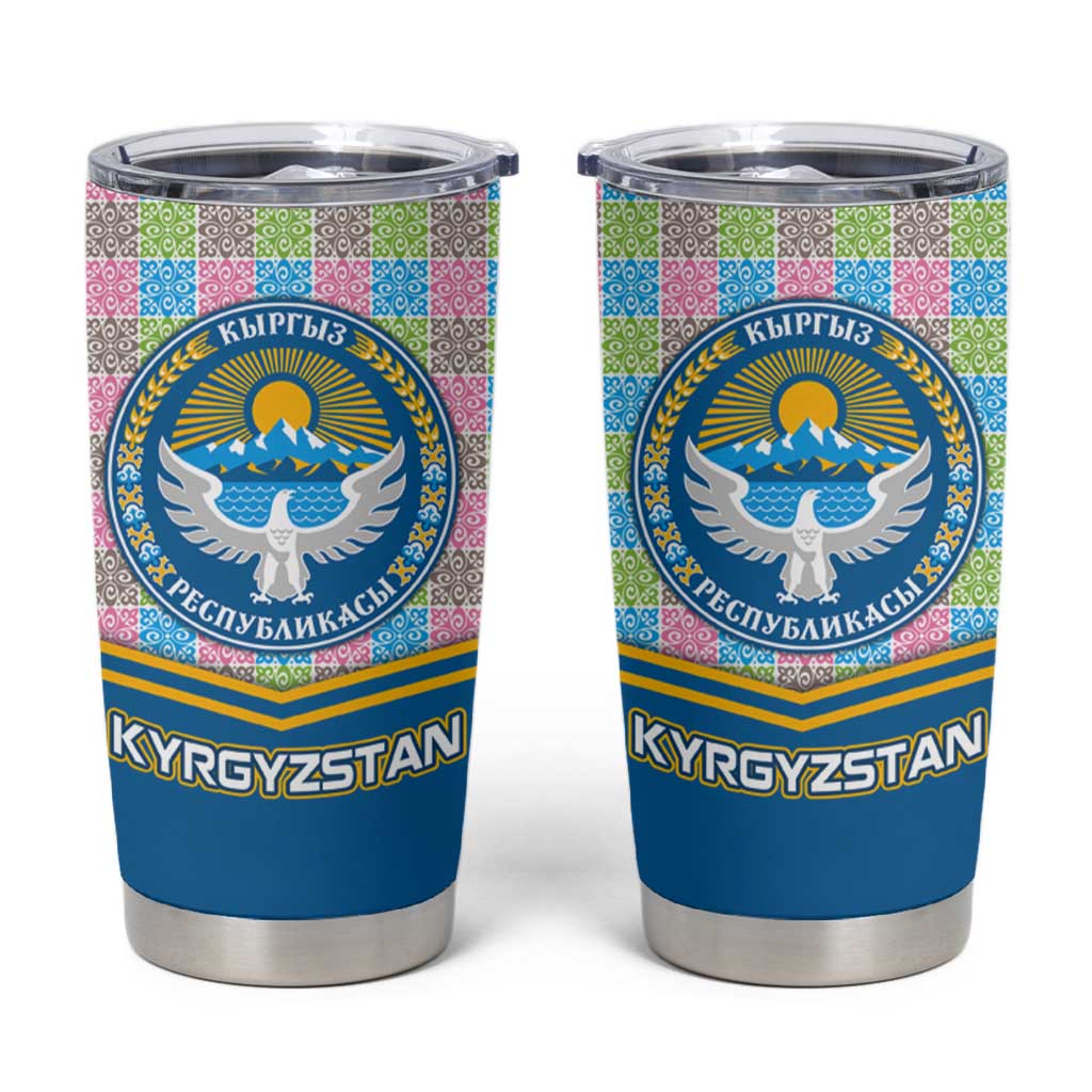 Kyrgyzstan Colorful Patchwork Pattern Tumbler Cup with National Crest and Flag Accents