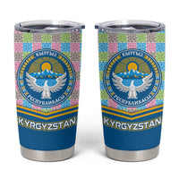 Kyrgyzstan Colorful Patchwork Pattern Tumbler Cup with National Crest and Flag Accents