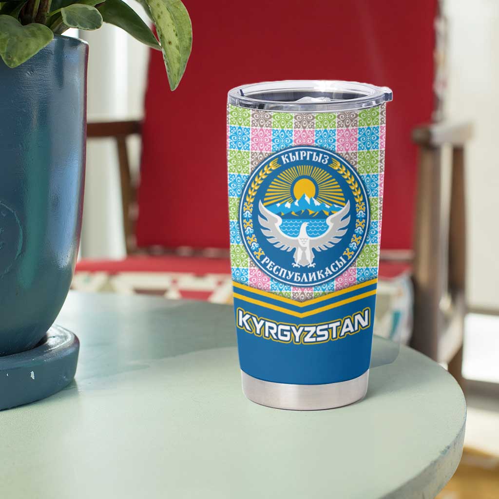 Kyrgyzstan Colorful Patchwork Pattern Tumbler Cup with National Crest and Flag Accents