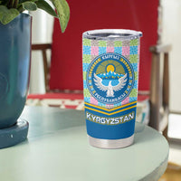 Kyrgyzstan Colorful Patchwork Pattern Tumbler Cup with National Crest and Flag Accents