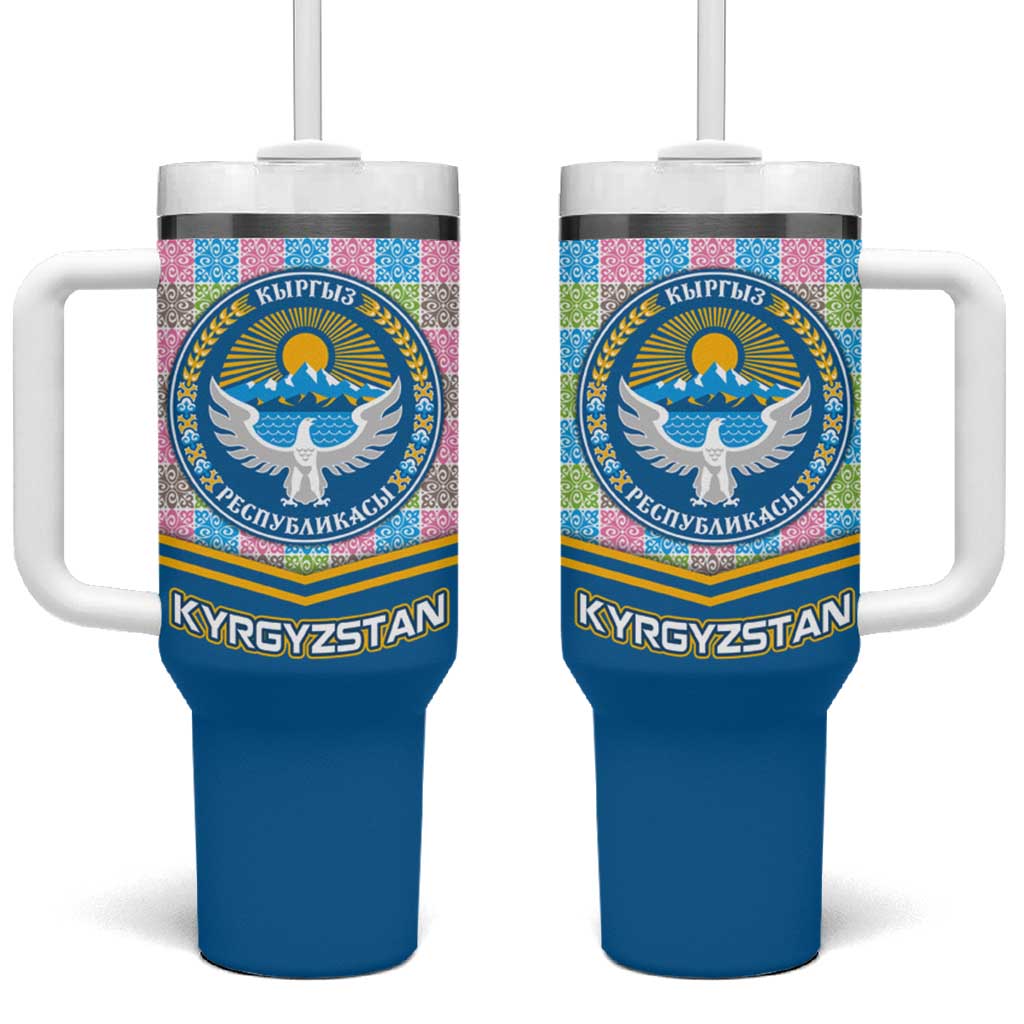 Kyrgyzstan Colorful Patchwork Pattern Tumbler With Handle with National Crest and Flag Accents