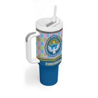Kyrgyzstan Colorful Patchwork Pattern Tumbler With Handle with National Crest and Flag Accents