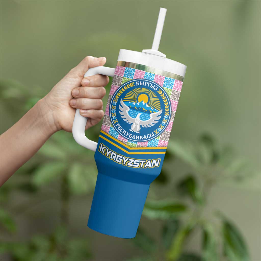 Kyrgyzstan Colorful Patchwork Pattern Tumbler With Handle with National Crest and Flag Accents