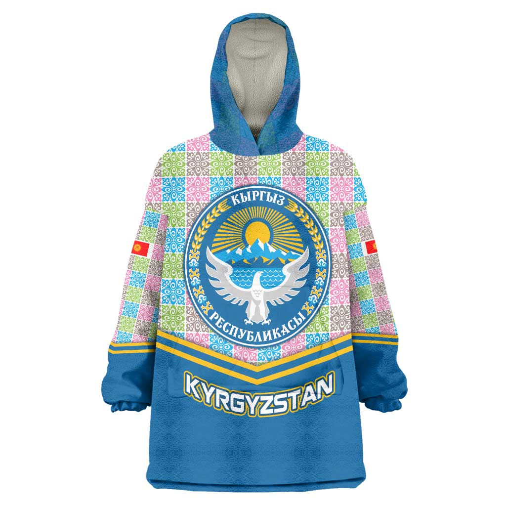 Kyrgyzstan Colorful Patchwork Pattern Wearable Blanket Hoodie with National Crest and Flag Accents