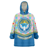 Kyrgyzstan Colorful Patchwork Pattern Wearable Blanket Hoodie with National Crest and Flag Accents