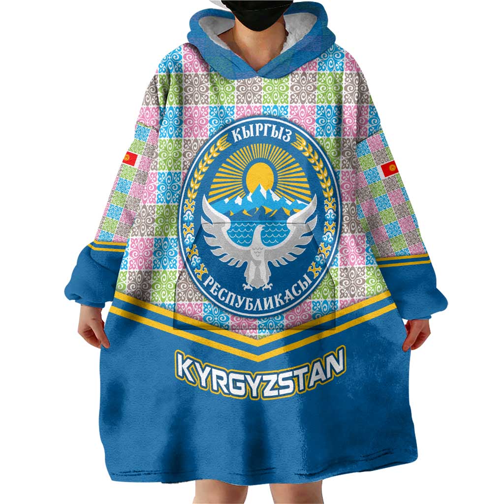 Kyrgyzstan Colorful Patchwork Pattern Wearable Blanket Hoodie with National Crest and Flag Accents