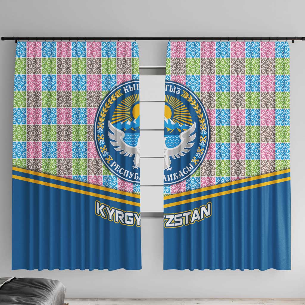 Kyrgyzstan Colorful Patchwork Pattern Window Curtain with National Crest and Flag Accents