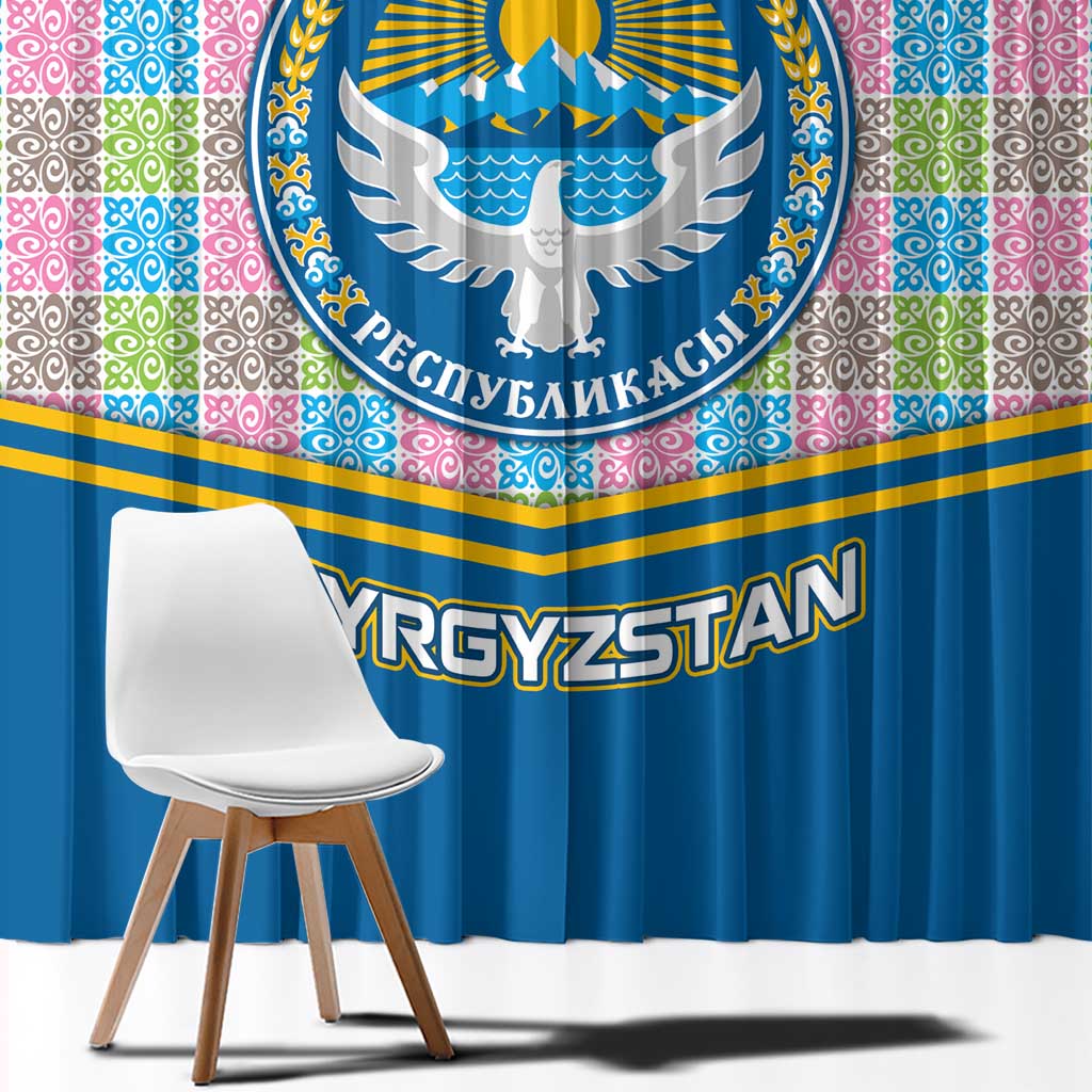 Kyrgyzstan Colorful Patchwork Pattern Window Curtain with National Crest and Flag Accents