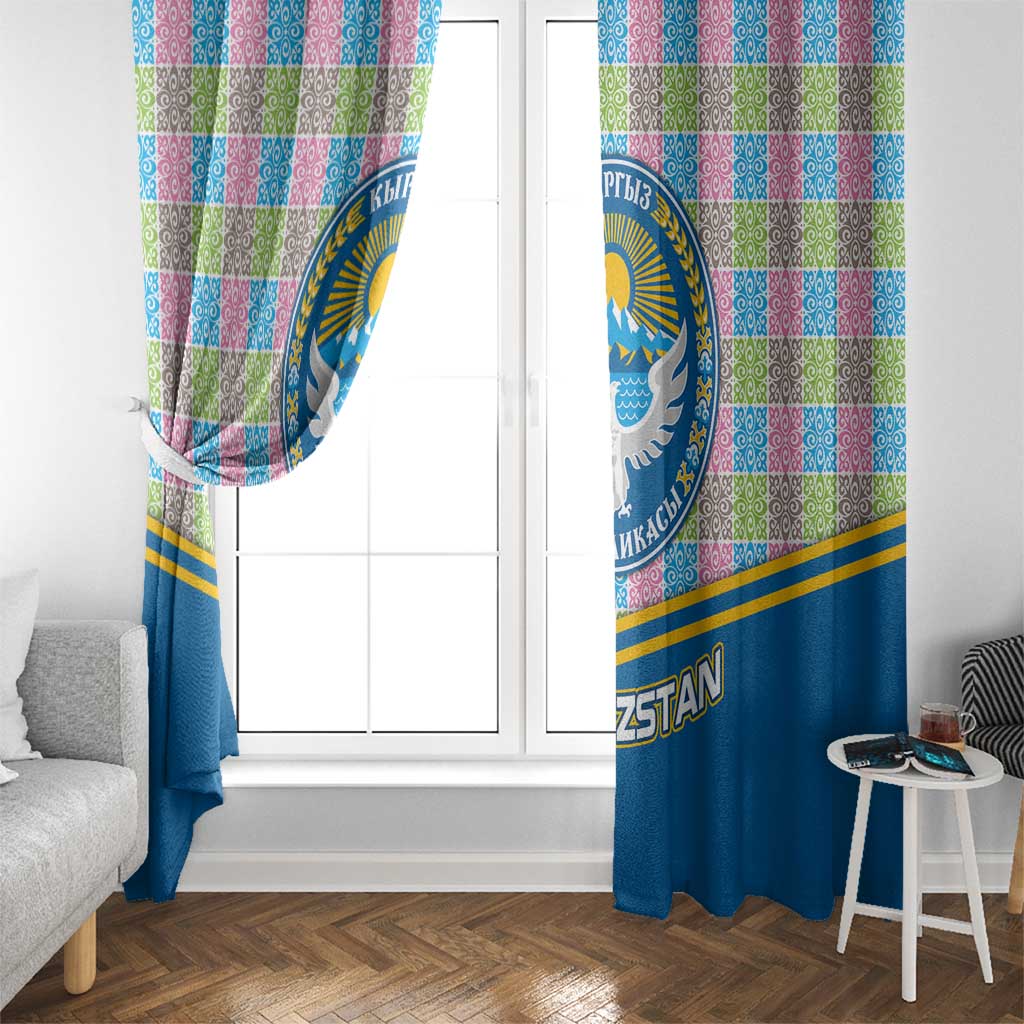 Kyrgyzstan Colorful Patchwork Pattern Window Curtain with National Crest and Flag Accents