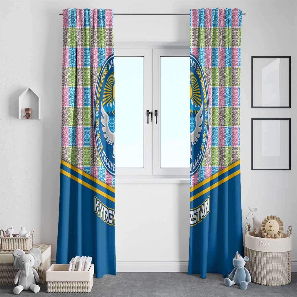 Kyrgyzstan Colorful Patchwork Pattern Window Curtain with National Crest and Flag Accents