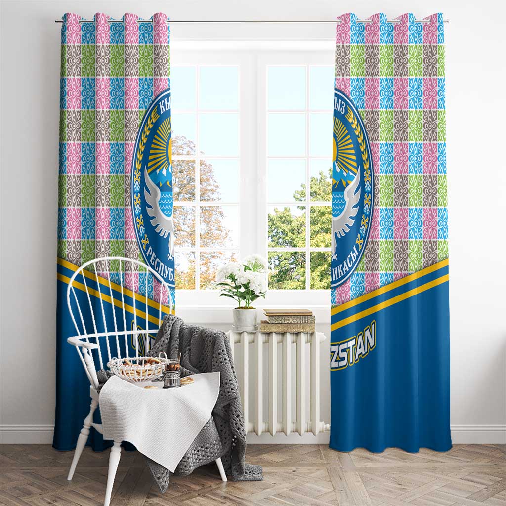 Kyrgyzstan Colorful Patchwork Pattern Window Curtain with National Crest and Flag Accents