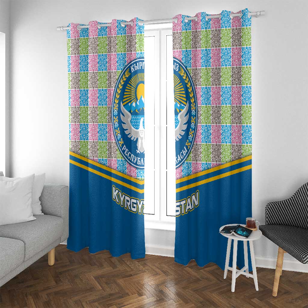 Kyrgyzstan Colorful Patchwork Pattern Window Curtain with National Crest and Flag Accents