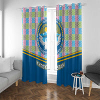 Kyrgyzstan Colorful Patchwork Pattern Window Curtain with National Crest and Flag Accents