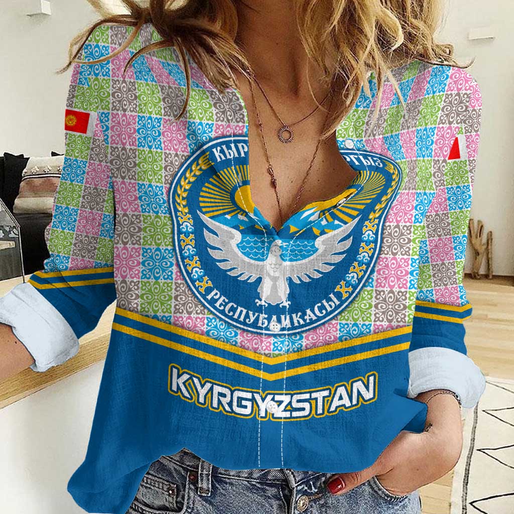 Kyrgyzstan Colorful Patchwork Pattern Women Casual Shirt with National Crest and Flag Accents