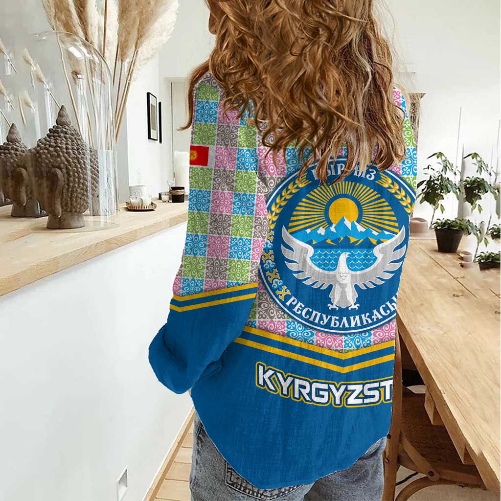 Kyrgyzstan Colorful Patchwork Pattern Women Casual Shirt with National Crest and Flag Accents