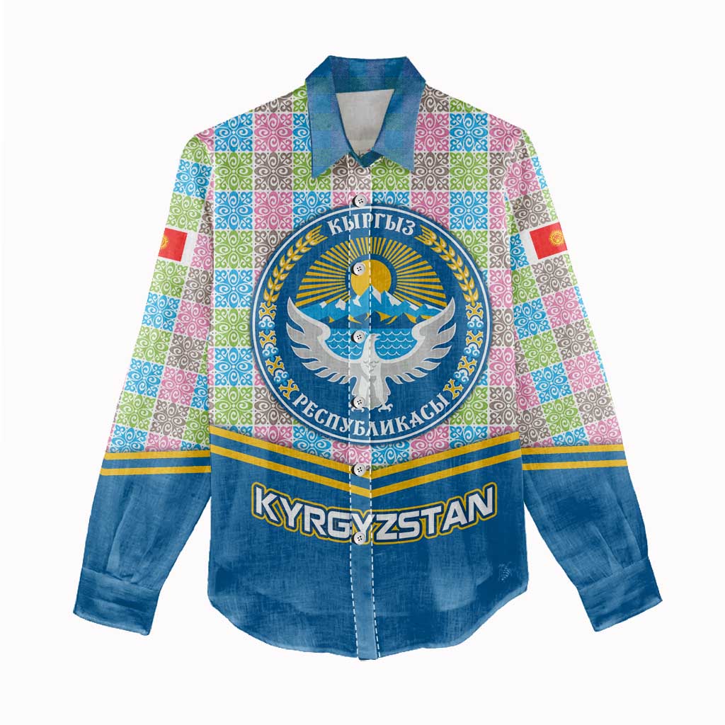 Kyrgyzstan Colorful Patchwork Pattern Women Casual Shirt with National Crest and Flag Accents