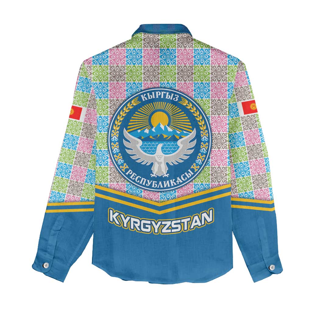 Kyrgyzstan Colorful Patchwork Pattern Women Casual Shirt with National Crest and Flag Accents