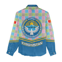 Kyrgyzstan Colorful Patchwork Pattern Women Casual Shirt with National Crest and Flag Accents