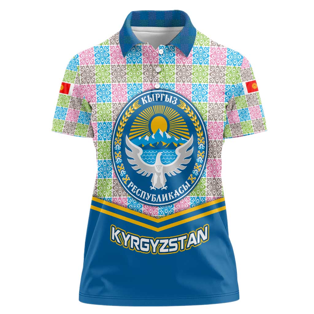 Kyrgyzstan Colorful Patchwork Pattern Women Polo Shirt with National Crest and Flag Accents