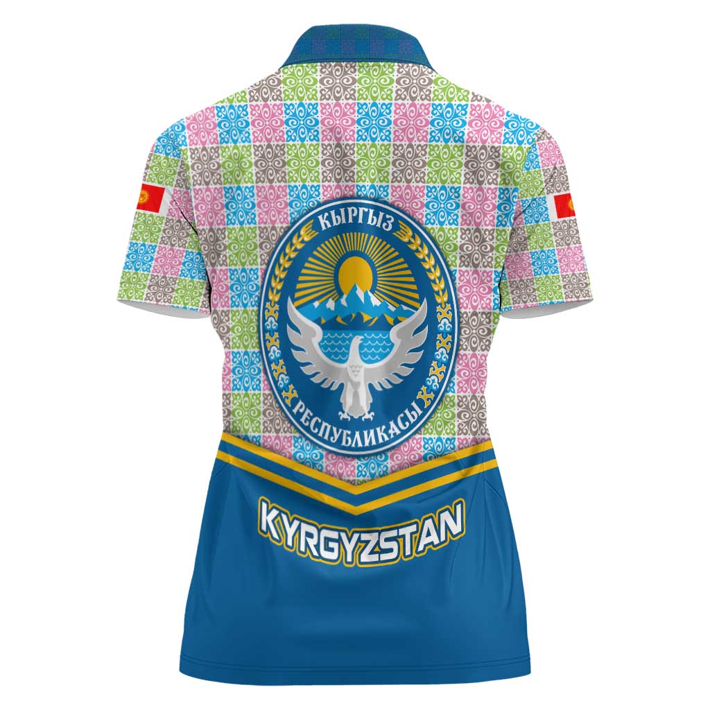 Kyrgyzstan Colorful Patchwork Pattern Women Polo Shirt with National Crest and Flag Accents