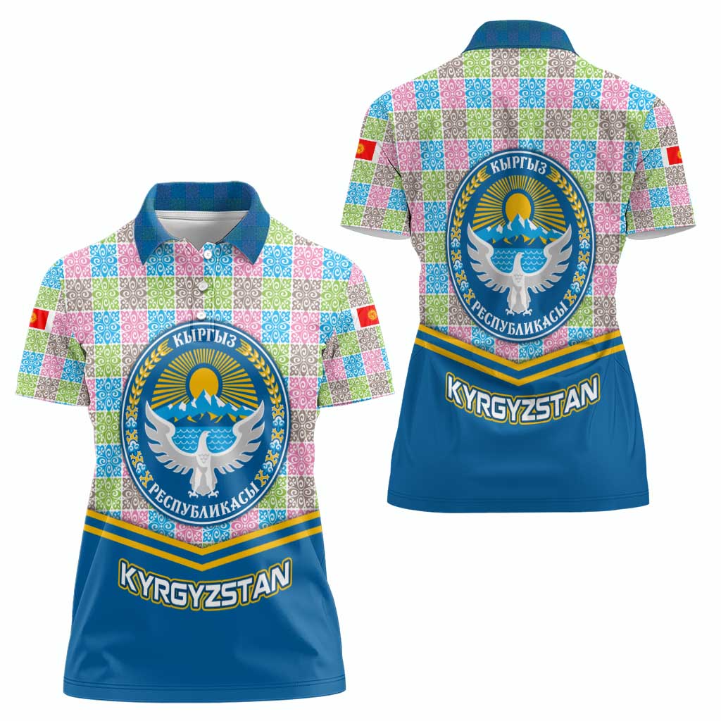 Kyrgyzstan Colorful Patchwork Pattern Women Polo Shirt with National Crest and Flag Accents