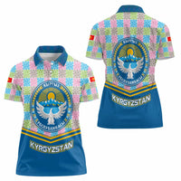 Kyrgyzstan Colorful Patchwork Pattern Women Polo Shirt with National Crest and Flag Accents